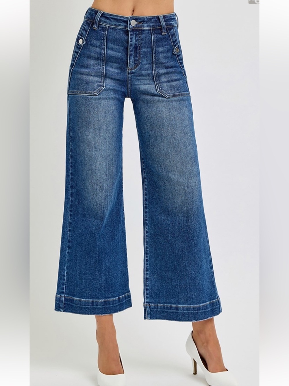 224 RISEN size 1, 15, 1X - 3X HIGH RISE ANKLE WIDE LEG PATCH FRONT POCKET JEANS